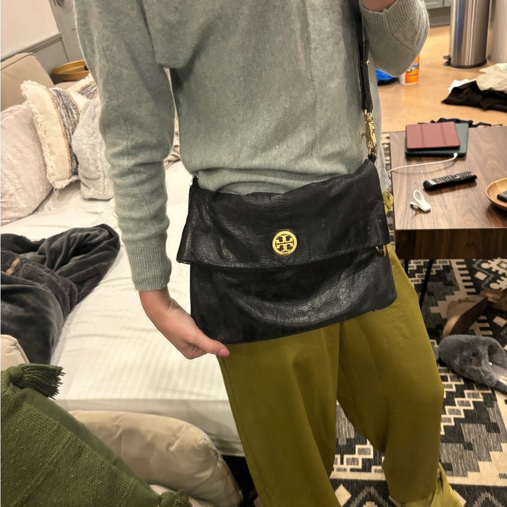 Tory Burch Black Leather Fold-Over Messenger with Gold Emblem